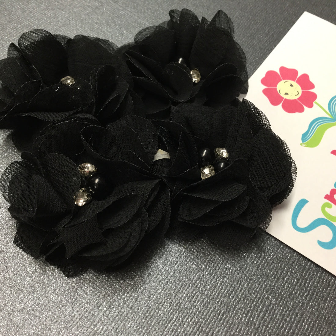 Chiffon Fabric Flowers BLACK with Pearl &amp; Rhinestone Centers 4pc Scrapbooksrus 