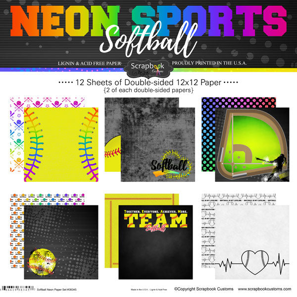 Neon Sports SOFTBALL KIT 12&quot;X12&quot; Scrapbook Paper 12 Sheets Scrapbooksrus 