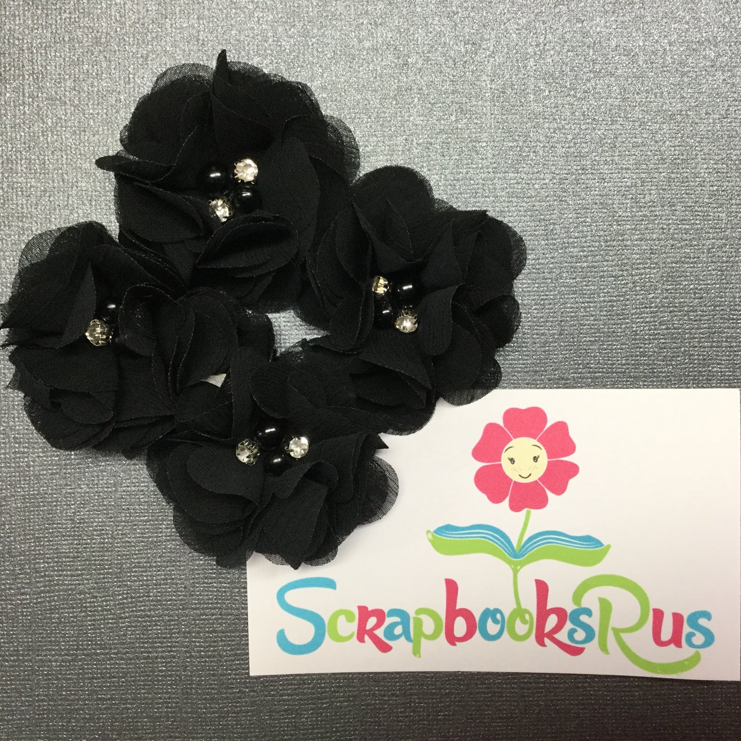 Chiffon Fabric Flowers BLACK with Pearl &amp; Rhinestone Centers 4pc Scrapbooksrus 