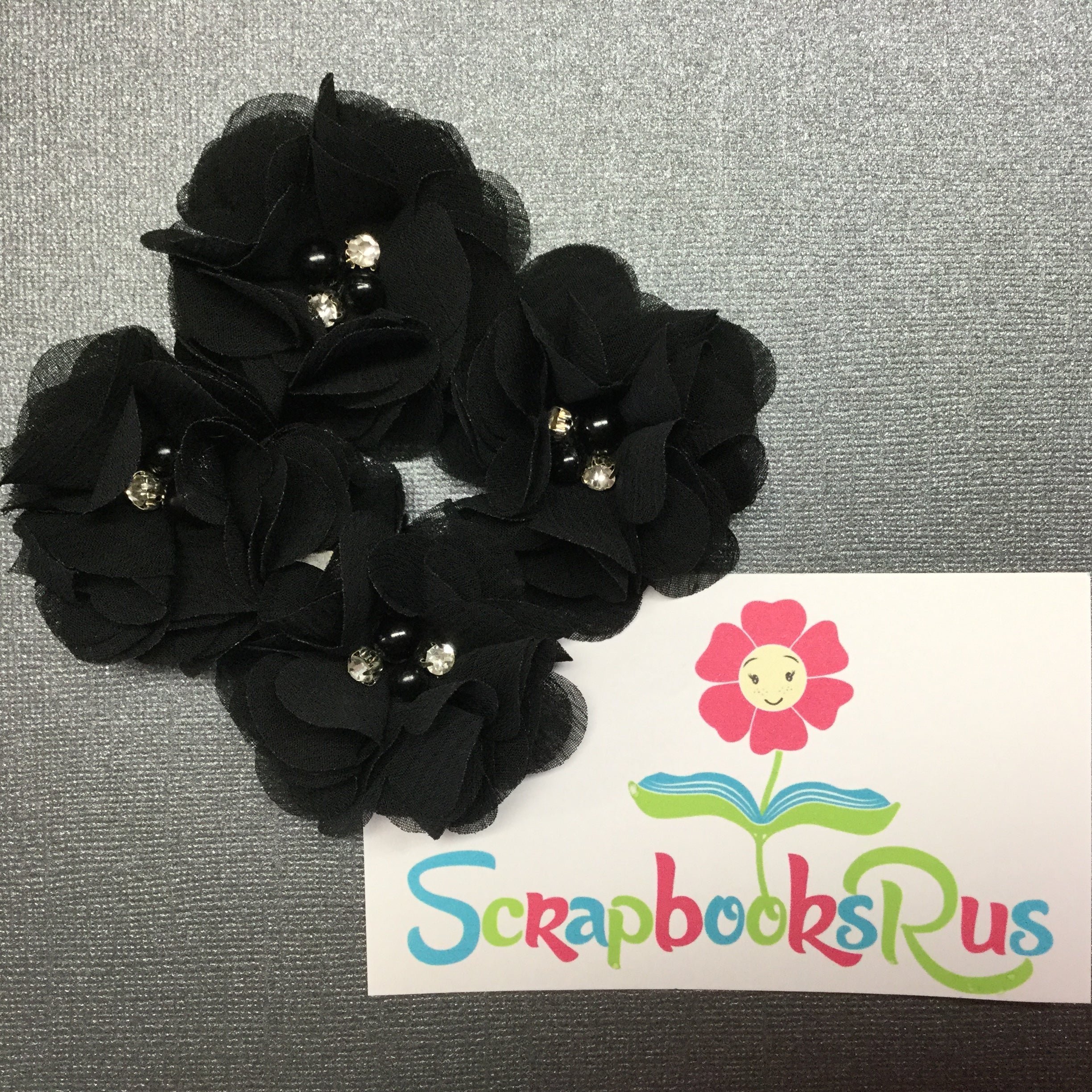 Chiffon Fabric Flowers BLACK with Pearl &amp; Rhinestone Centers 4pc Scrapbooksrus 