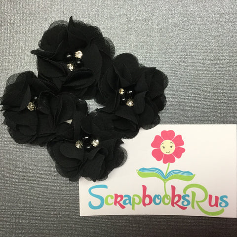 Chiffon Fabric Flowers BLACK with Pearl & Rhinestone Centers 4pc Scrapbooksrus 