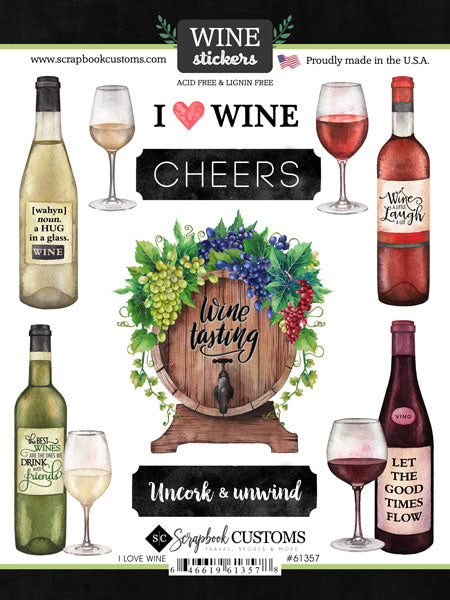Wine I LOVE WINE Scrapbook Customs Stickers 8pc Scrapbooksrus