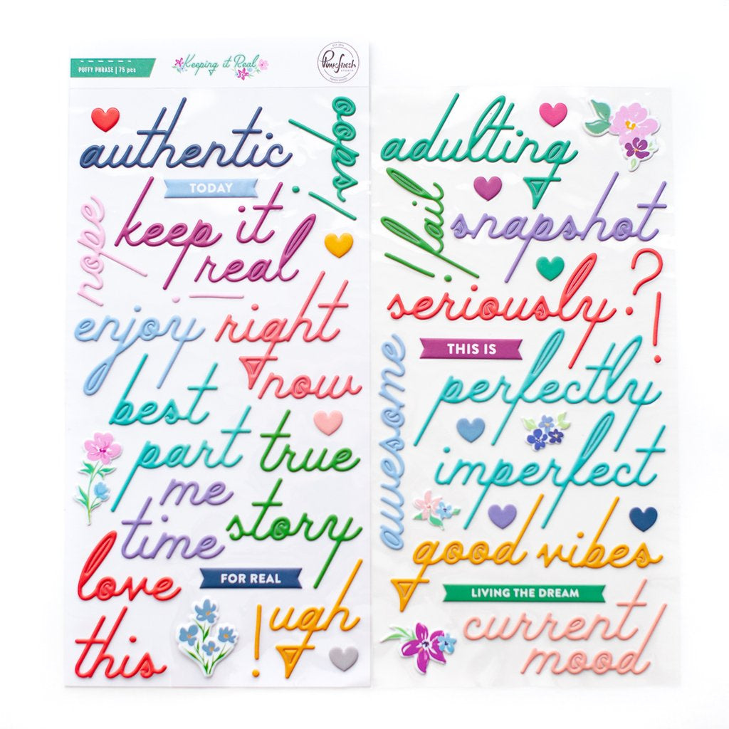 Pinkfresh Studio Keeping It Real PUFFY PHRASE STICKERS 75pc. Scrapbooksrus