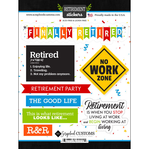 RETIREMENT Scrapbook Customs Stickers 8pc Scrapbooksrus 