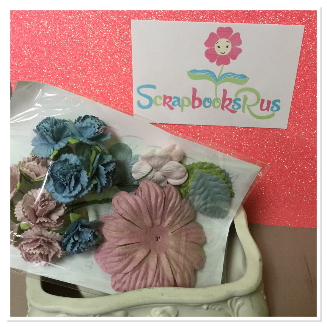 Carnations Hydrangeas Leaves & Big Daisies 24pc Mauve & Blue Scrapbooksrus