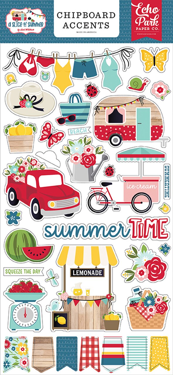 Echo Park 6&quot;x12&quot; A SLICE OF SUMMER Chipboard Accents 38pc Scrapbooksrus 