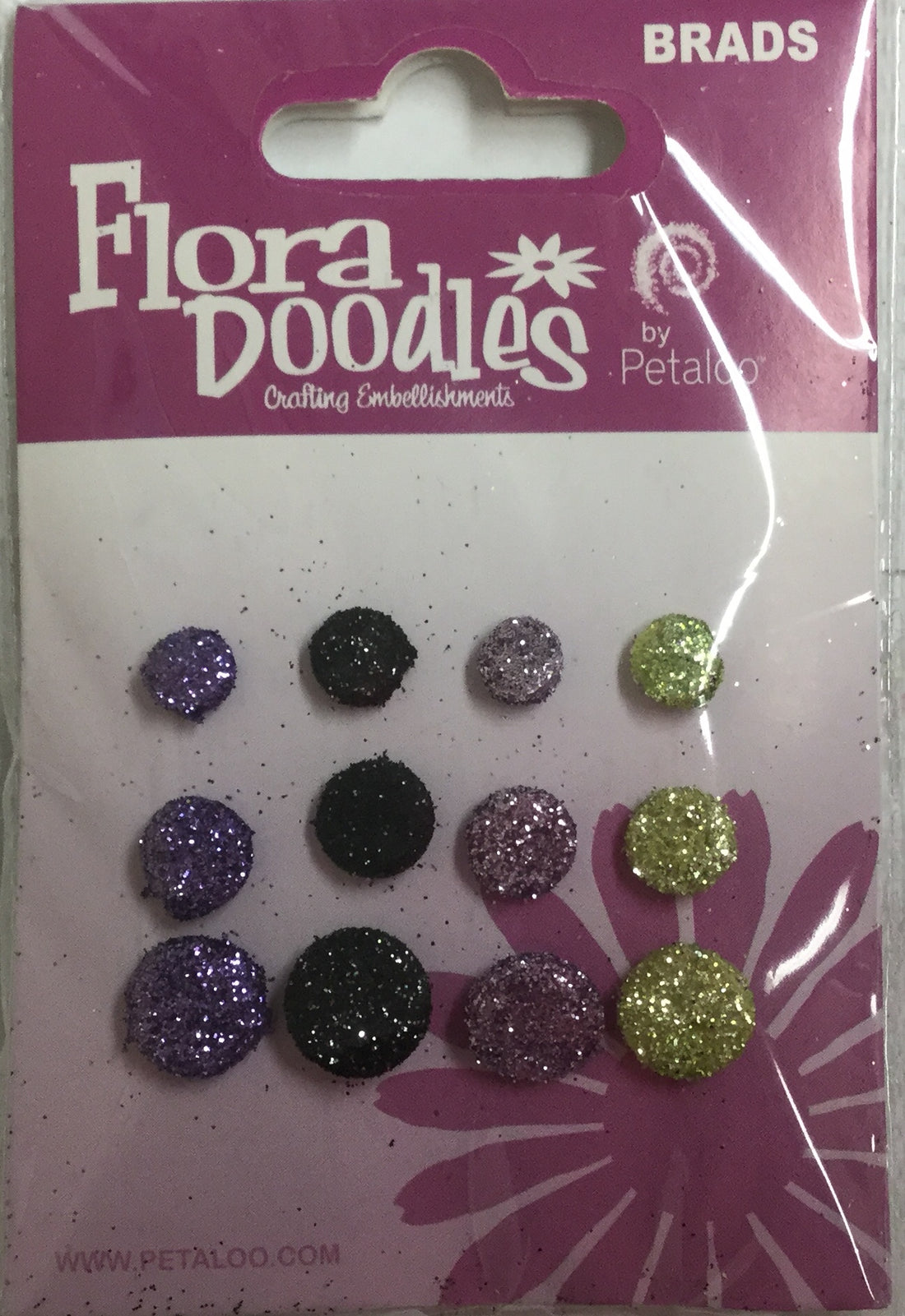 Petaloo Flora Doodles PURPLE/BLACK/LAVENDER/GREEN Brads 12pc Scrapbooksrus 