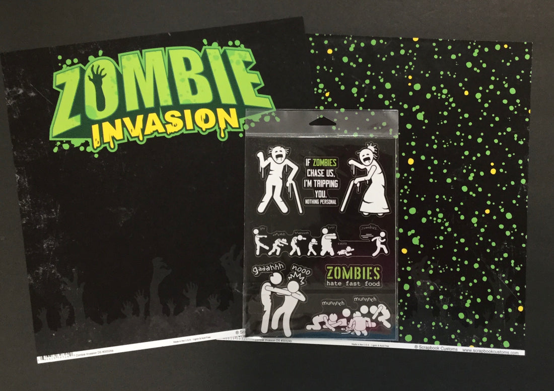 Scrapbook Customs ZOMBIE INVASION Paper Pack 3pc Scrapbooksrus 