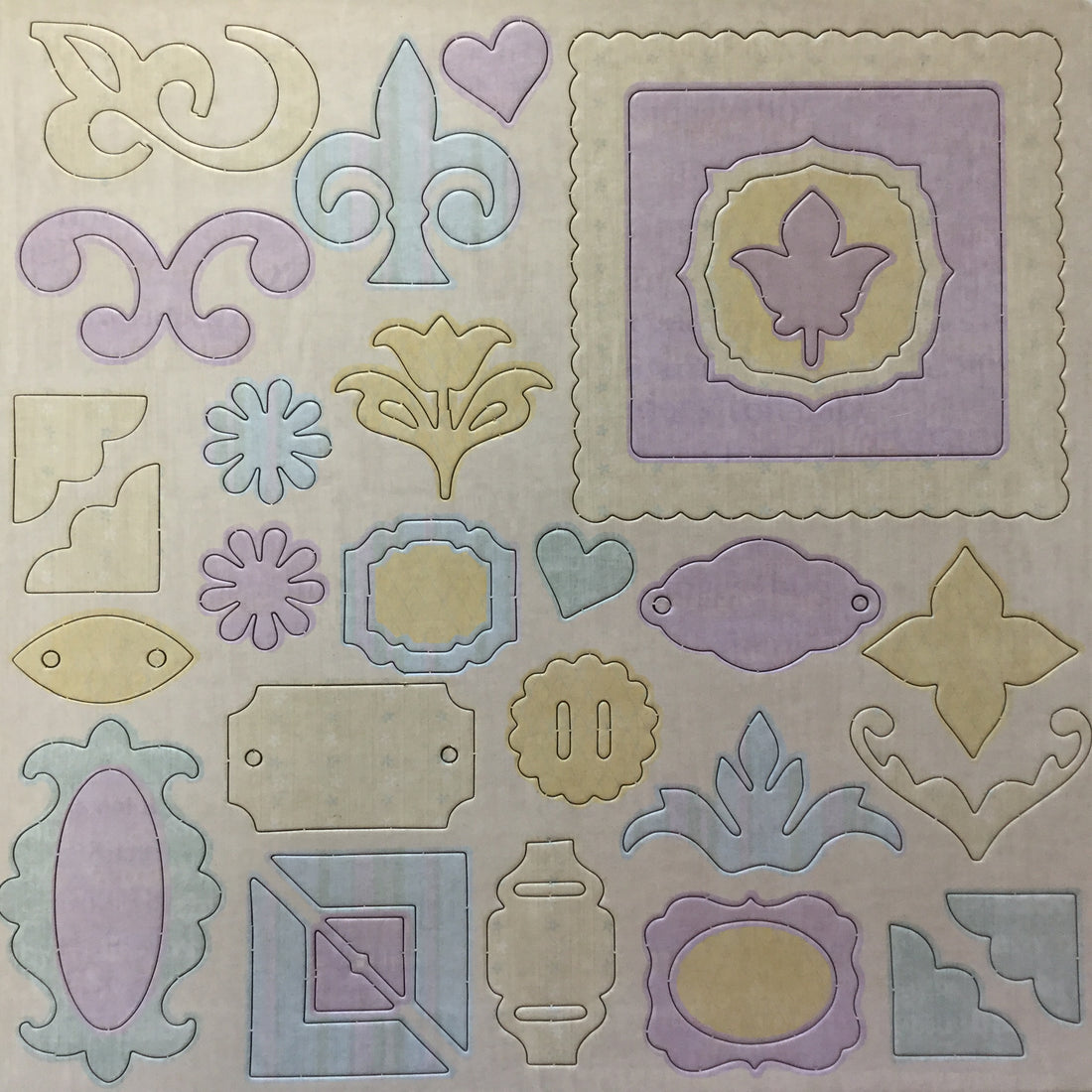 Pastel Chipboard Flourishes Frames &amp; Flowers 12” x 12” Sheet Scrapbooksrus 