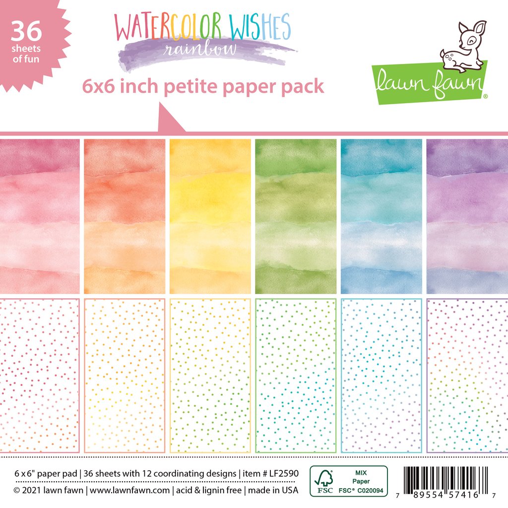 Lawn Fawn WATERCOLOR WISHES RAINBOW  6&quot;X6&quot; Petite Paper Pack 36pc Scrapbooksrus 