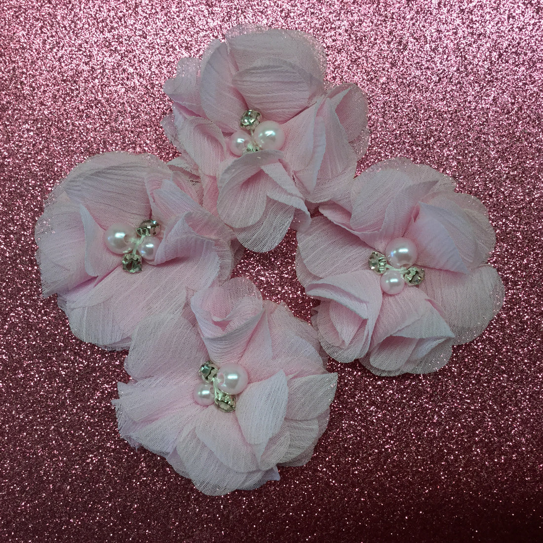 Chiffon Fabric Flowers PINK with Pearl & Rhinestone Centers 4pc Scrapbooksrus
