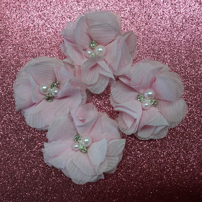 Chiffon Fabric Flowers PINK with Pearl &amp; Rhinestone Centers 4pc Scrapbooksrus 