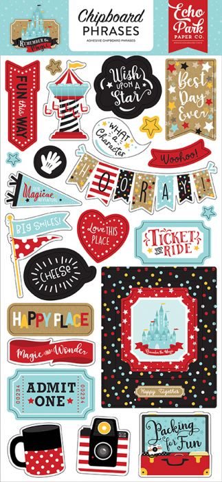 Echo Park 6&quot;x12&quot; REMEMBER THE MAGIC CHIPBOARD Phrases Sticker 24pc Scrapbooksrus 