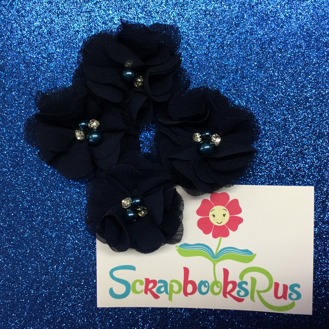 Chiffon Fabric Flowers NAVY BLUE with Pearl & Rhinestone Centers 4pc Scrapbooksrus