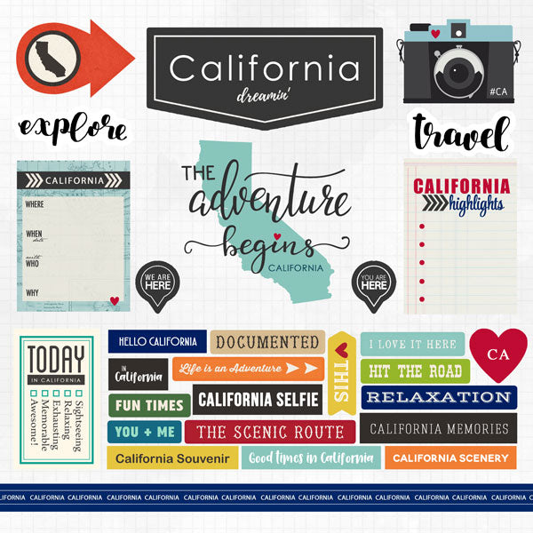 CALIFORNIA ADVENTURE STICKERS 12&quot;X12&quot; Custom Travel Paper 29 pc Scrapbooksrus 