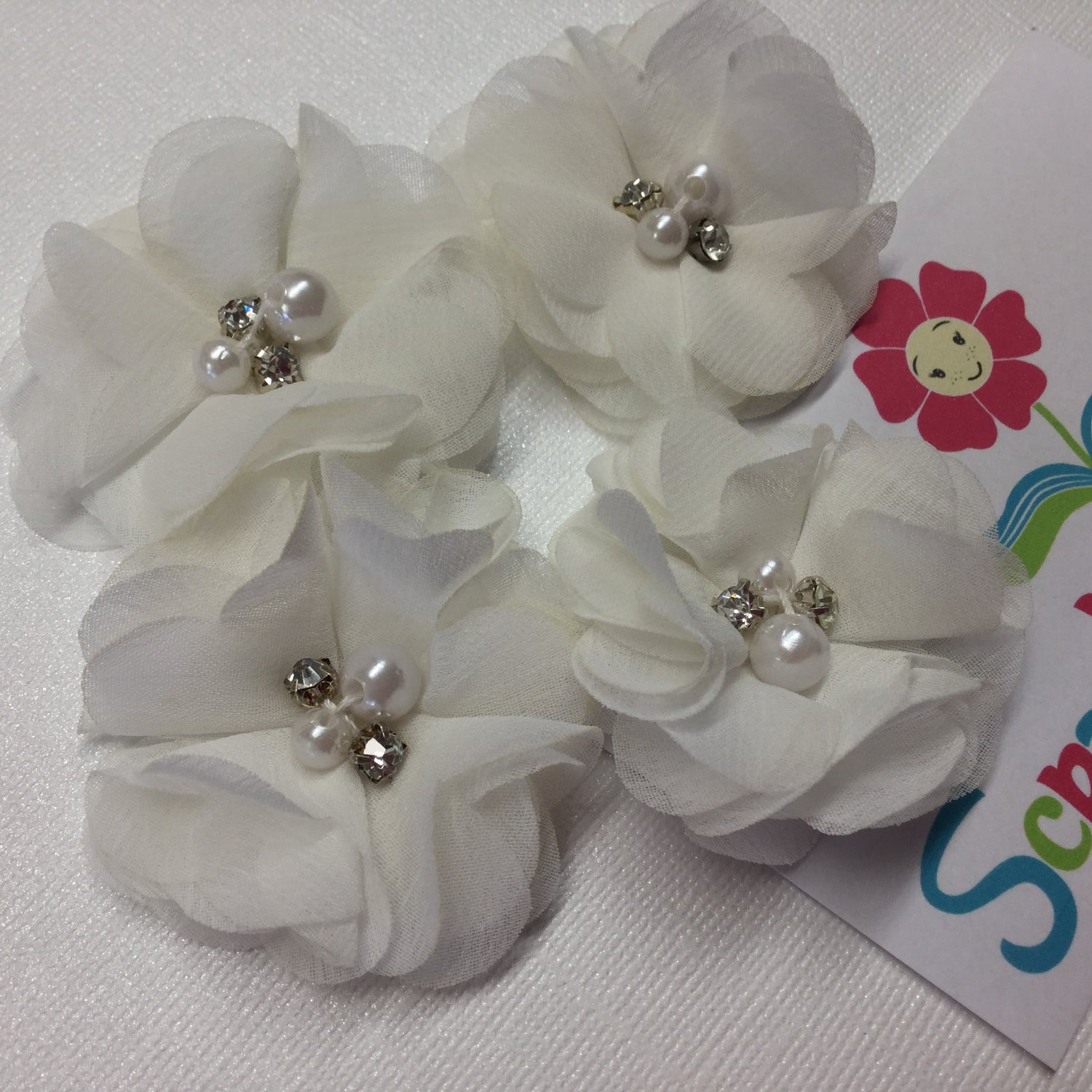 Chiffon Fabric Flowers WHITE with Pearl &amp; Rhinestone Centers 4pc Scrapbooksrus 