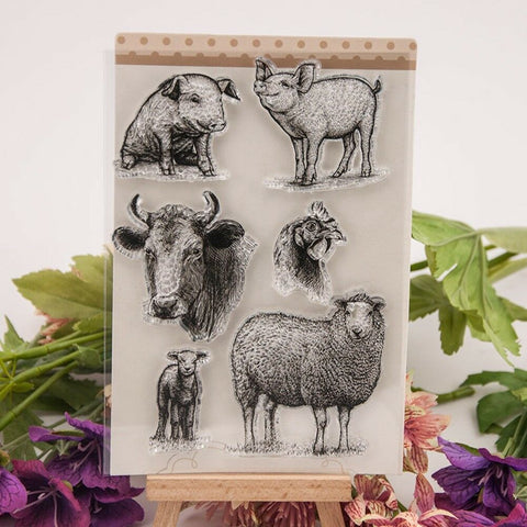 FARM ANIMALS Pig Cow Sheep Lamb Clear Acrylic Stamp Set 6pc