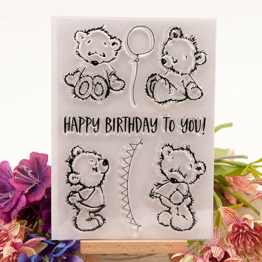 HAPPY BIRTHDAY BEAR Balloon Banner Clear Acrylic Stamp Set 7pc