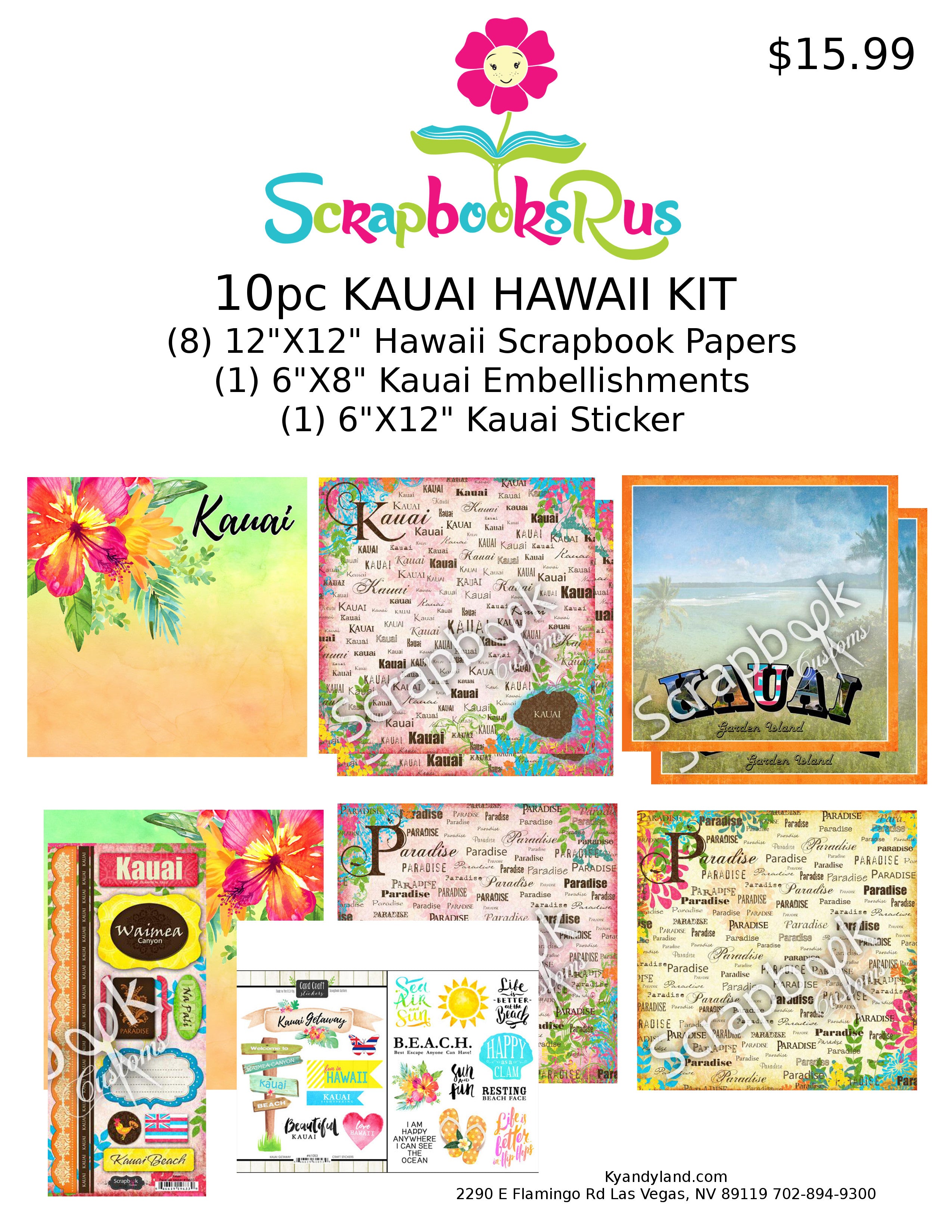 Hawaii 10pc KAUAI Scrapbook Kit Paper Stickers