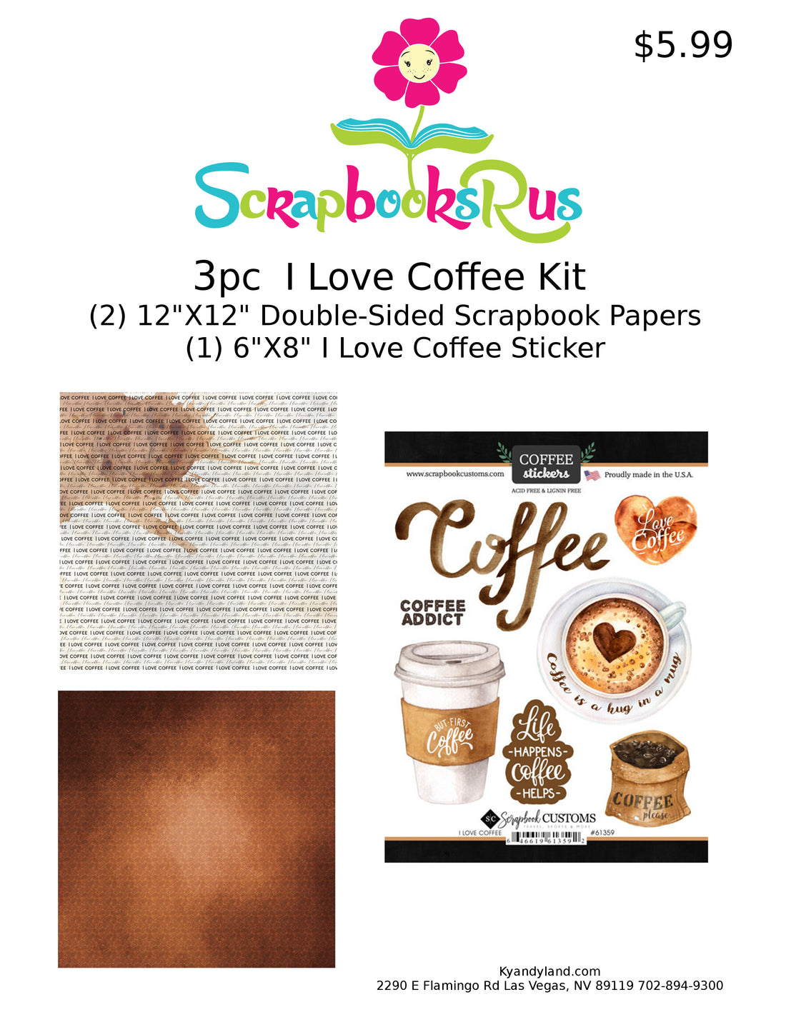 I LOVE COFFEE Kit 12"X12" Scrapbook Paper Stickers 3pc Scrapbooksrus
