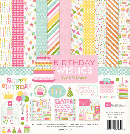 Echo Park BIRTHDAY WISHES GIRL 12&quot;X12&quot; 14pc Scrapbook Kit