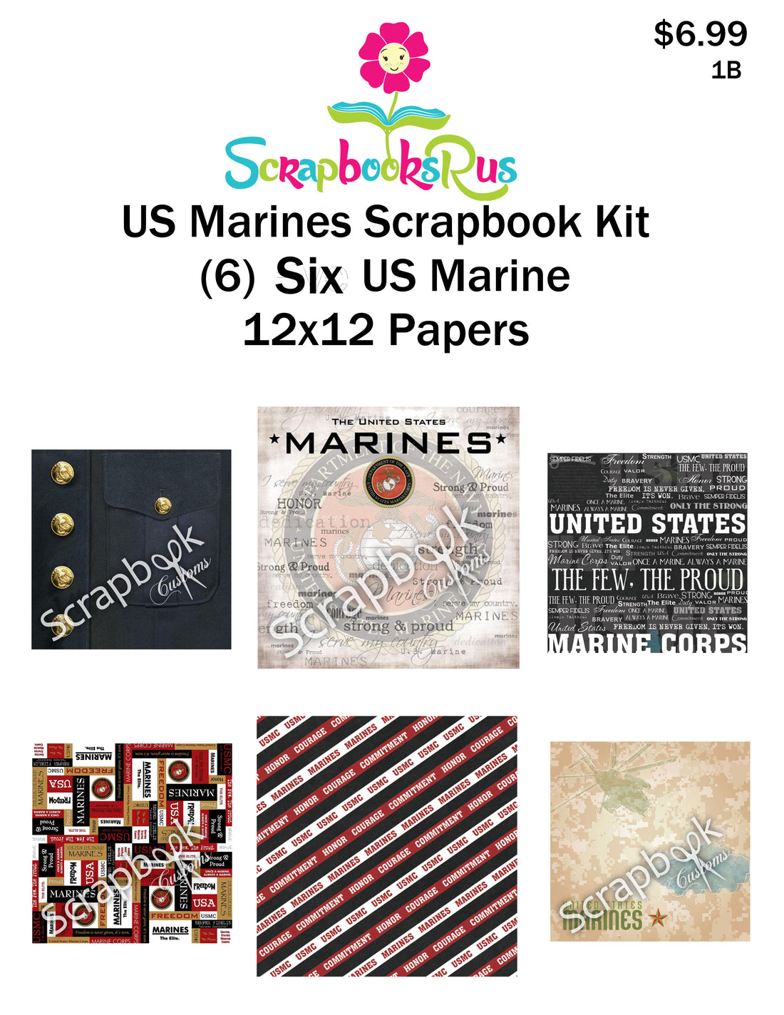 Scrapbook Customs 6pc MARINES SCRAPBOOK KIT 12&quot;X12&quot; Papers 1B