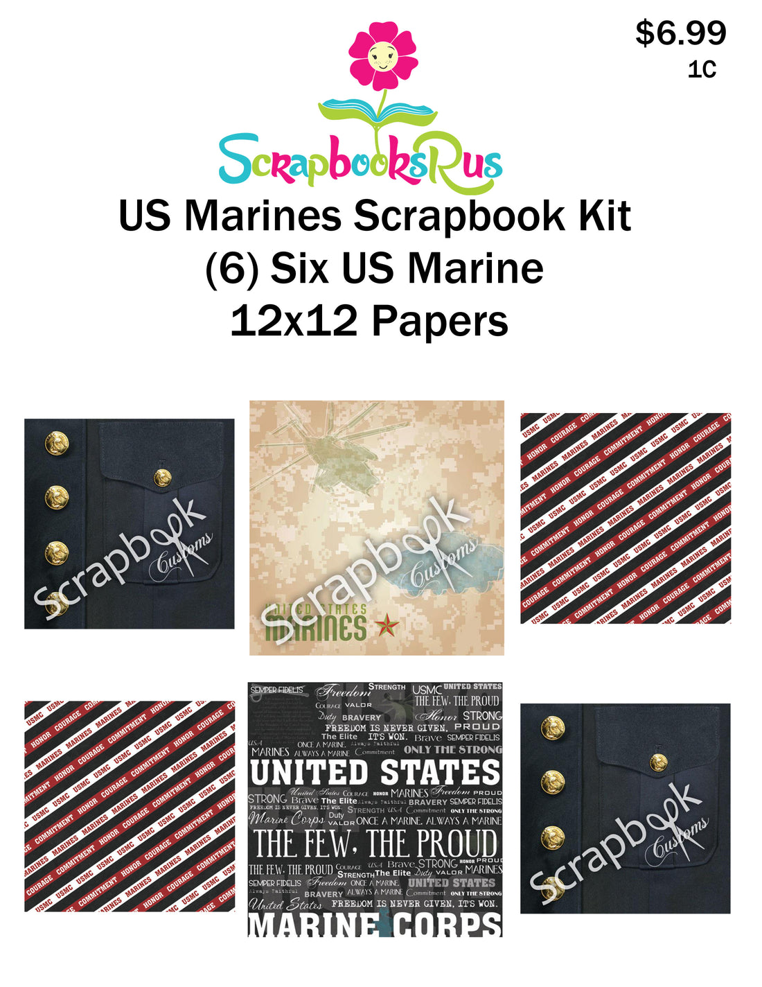Scrapbook Customs 6pc MARINES SCRAPBOOK KIT 12"X12" Papers 1C