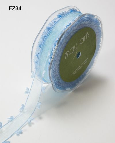 May Arts 1&quot; SHEER HEART EDGE Light Blue Ribbon Trim 1 yard yd - Scrapbook Kyandyland