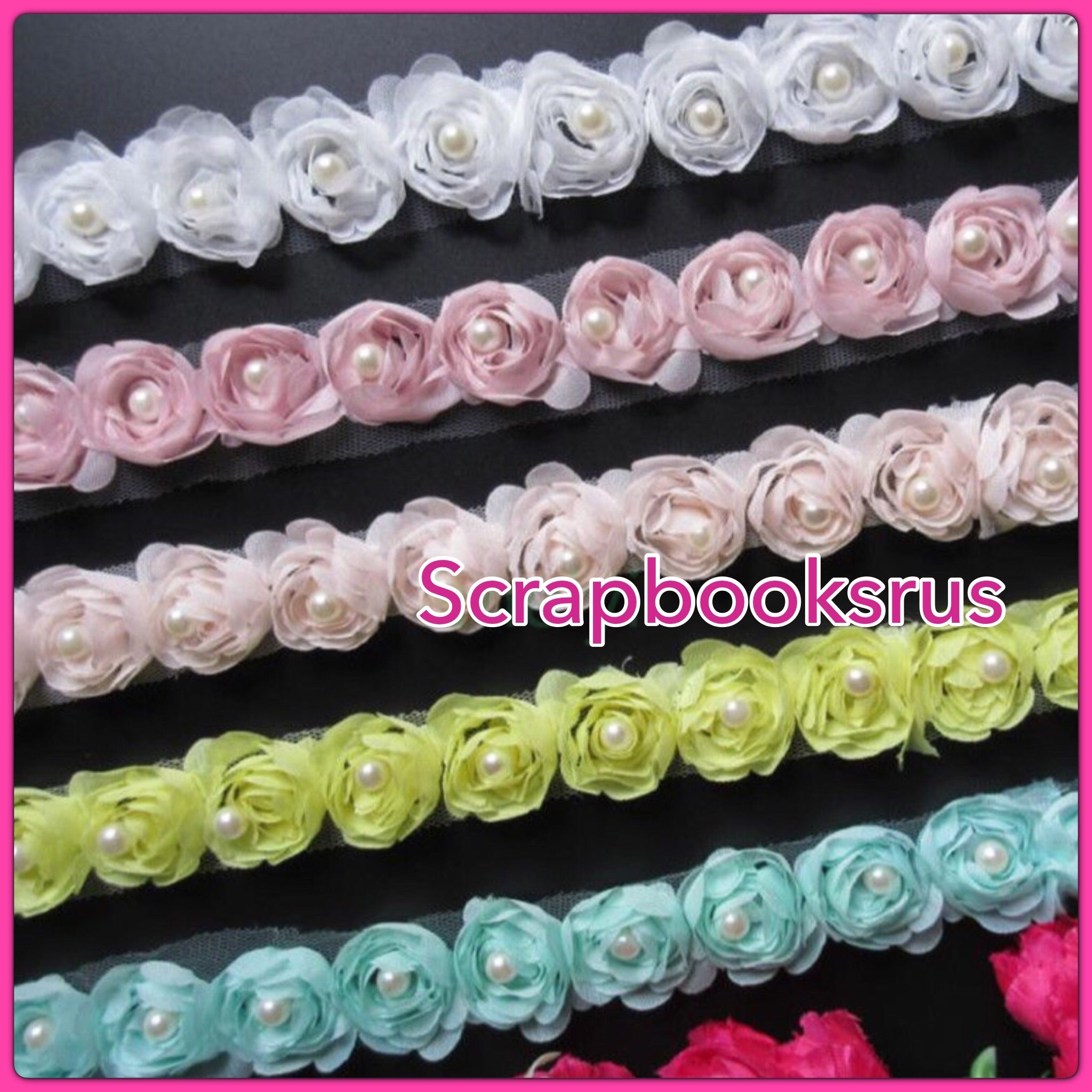 Fabric Ribbon Roses with Pearls @Scrapbooksrus Las Vegas