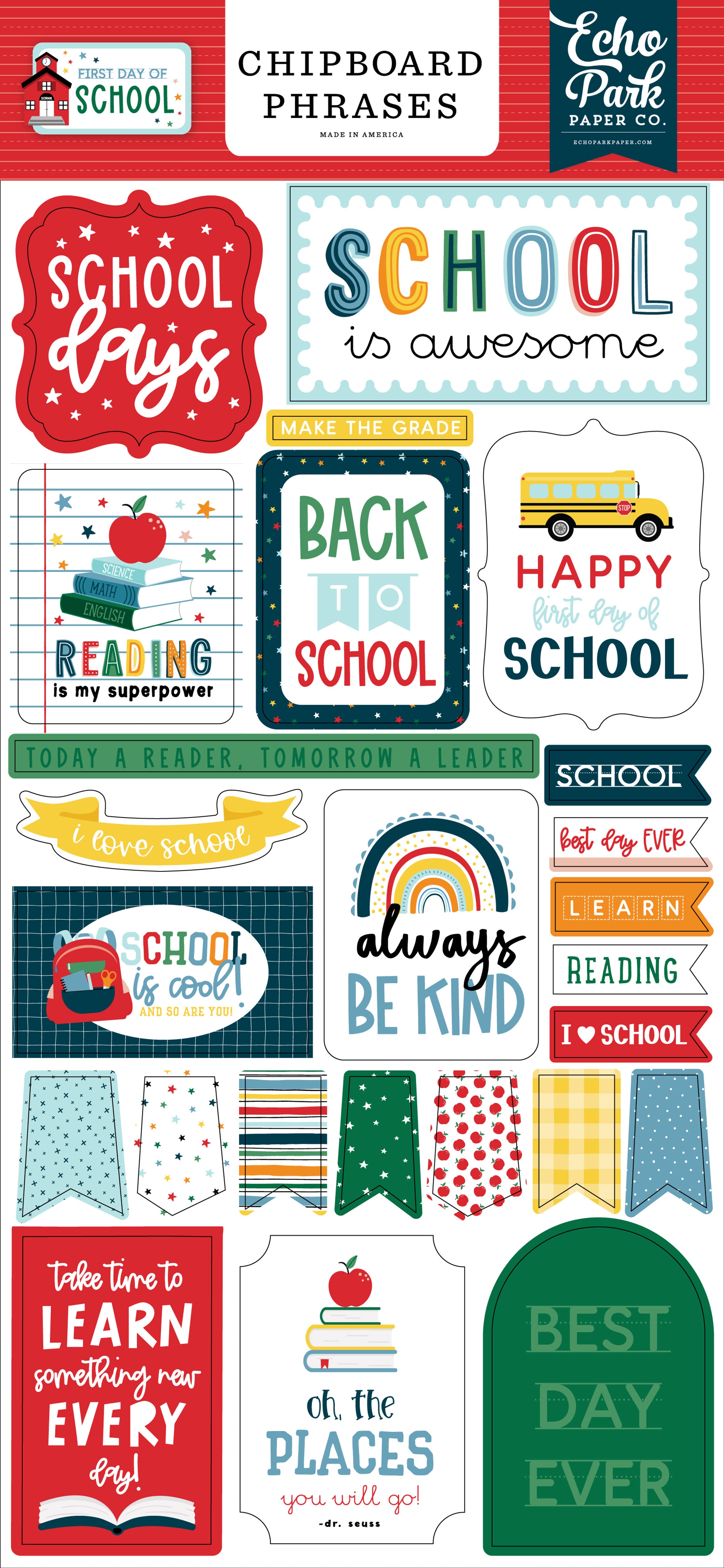 Echo Park FIRST DAY OF SCHOOL Chipboard Phrases 25pc