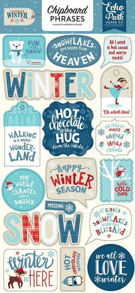 Echo Park 6&quot;x12&quot; CELEBRATE WINTER Chipboard Phrases Sticker 17 pc Scrapbooksrus