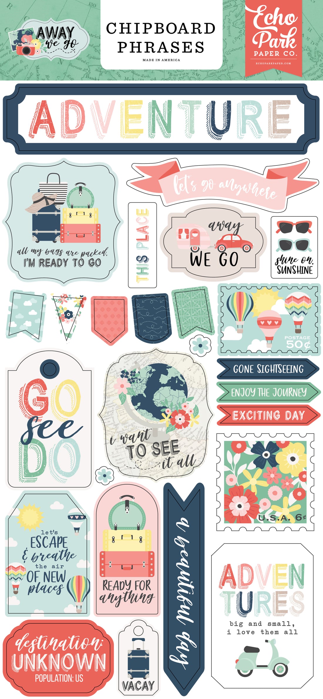 Echo Park AWAY WE GO Chipboard Phrases Scrapbook Stickers Scrapbooksrus