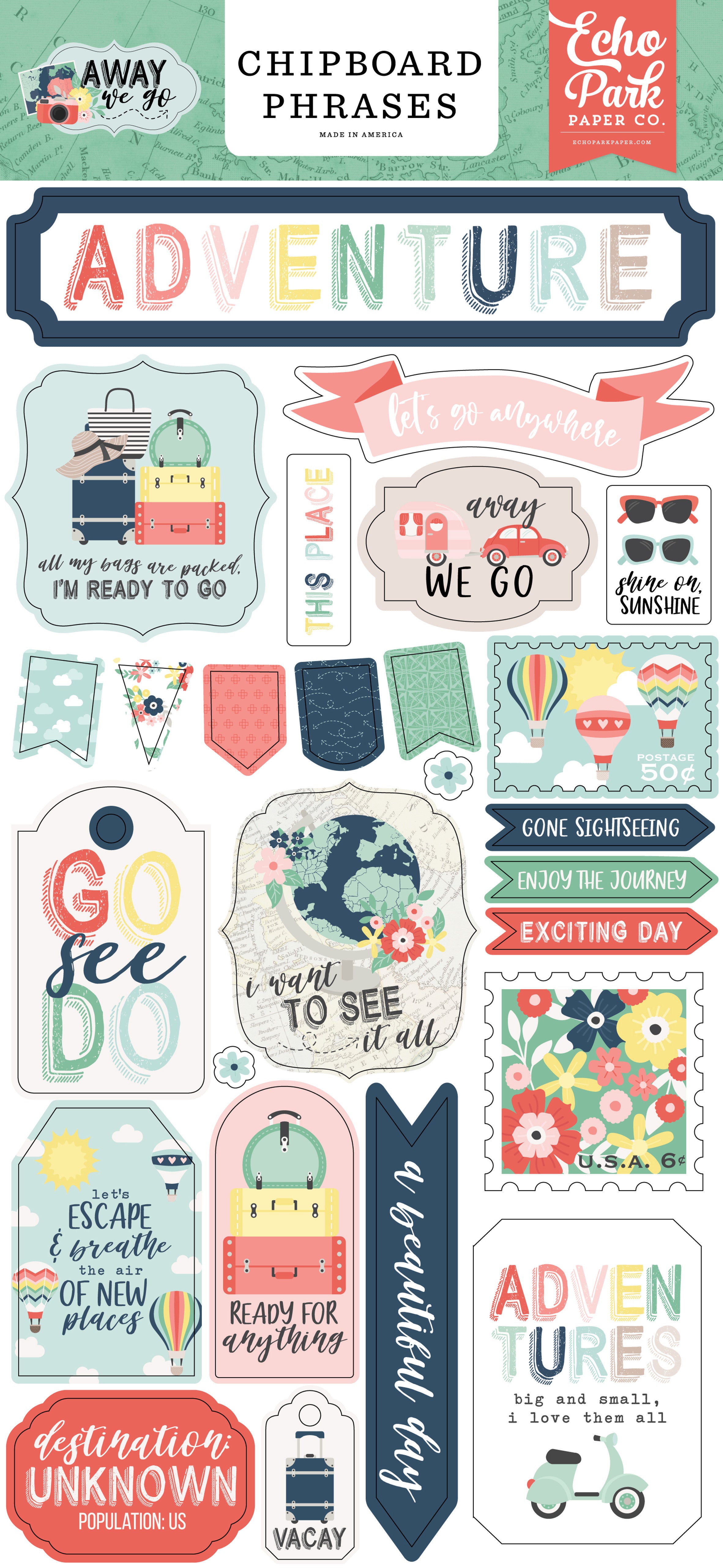 Echo Park AWAY WE GO Chipboard Phrases Scrapbook Stickers Scrapbooksrus