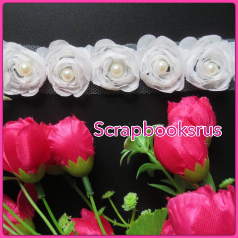 White Fabric Ribbon Roses with Pearls @Scrapbooksrus Las Vegas