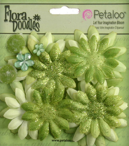 Petaloo Flora Doodles Fabric Glitter Flowers LIME GREEN 25pc
