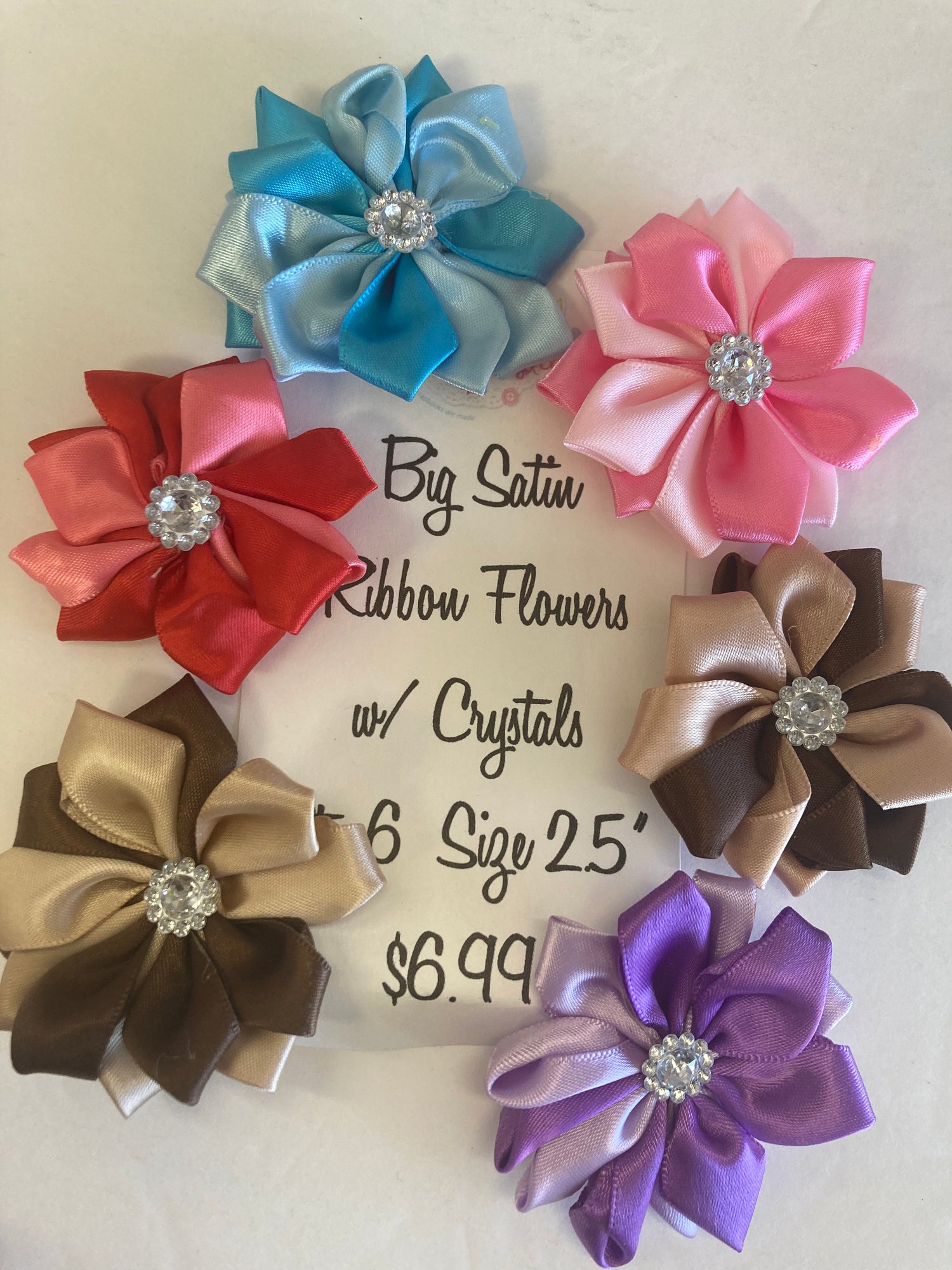 Big Satin RIBBON FLOWERS Crystals 2.5” 6pc Set Scrapbooksrus LasVegas