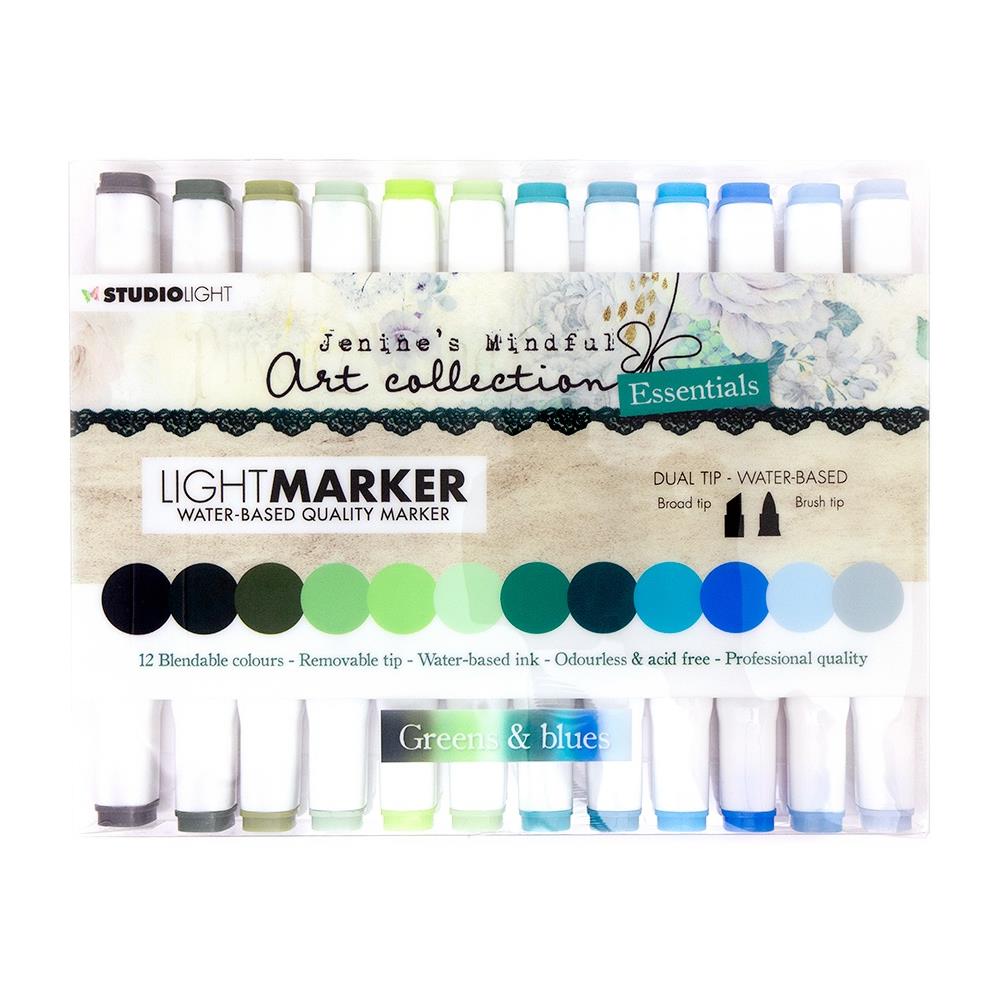 Studio Light Markers GREENS BLUES Water-Based Art Dual Tip 12pc