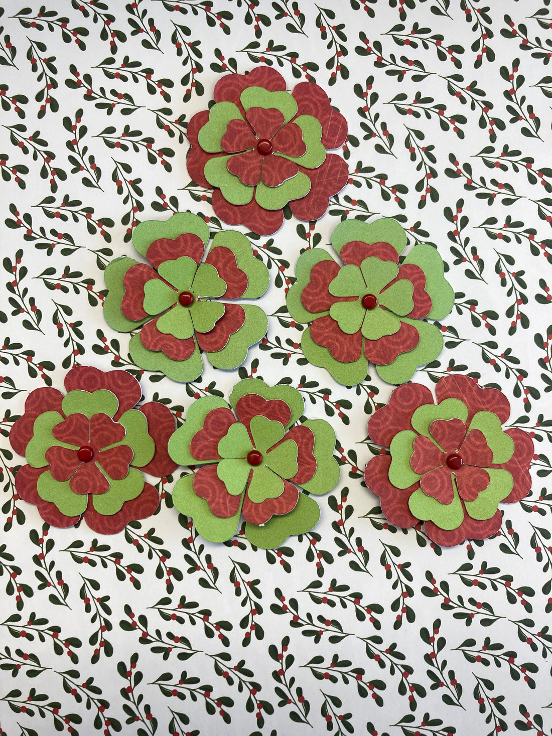 Layered Flower RED AND GREEN Handmade Die Cuts