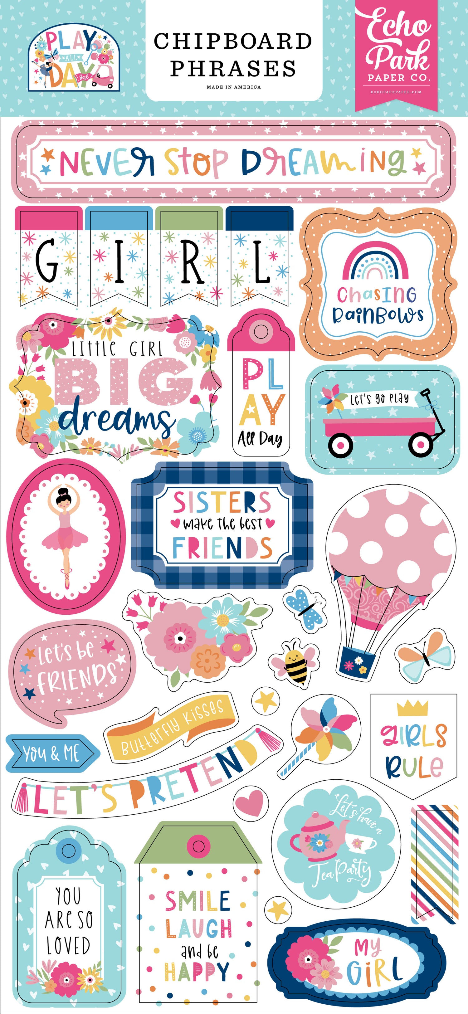 Echo Park PLAY ALL DAY GIRL Chipboard Phrases Scrapbook Stickers Scrapbooksrus