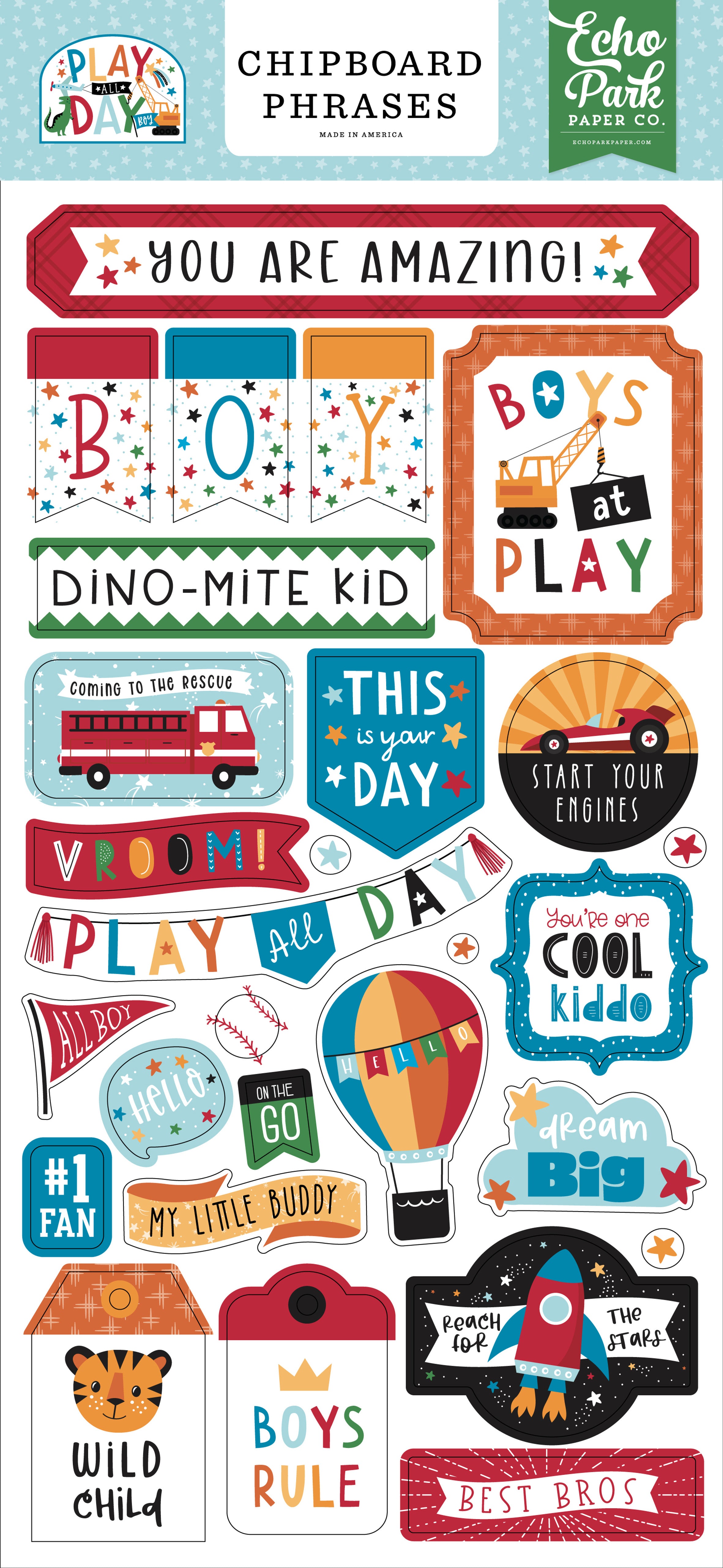 Echo Park PLAY ALL DAY BOY Chipboard PHRASES Scrapbook Stickers