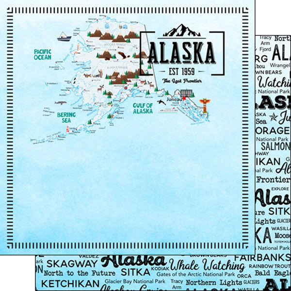 ALASKA POSTAGE MAP BLUE 12"X12" Scrapbook Paper