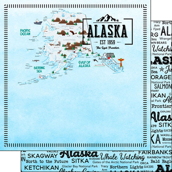 ALASKA POSTAGE MAP BLUE 12&quot;X12&quot; Scrapbook Paper