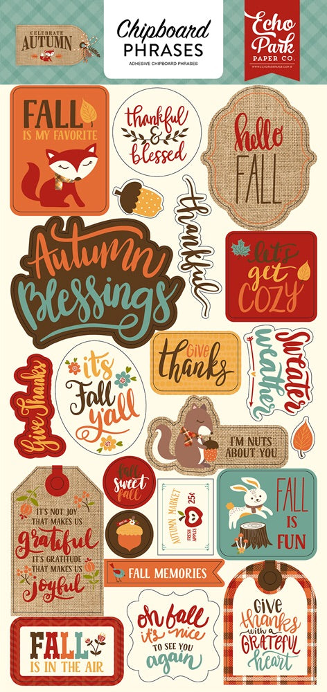 Echo Park 6&quot;x12&quot; CELEBRATE AUTUMN Chipboard Phrases Sticker 22 pc Scrapbooksrus