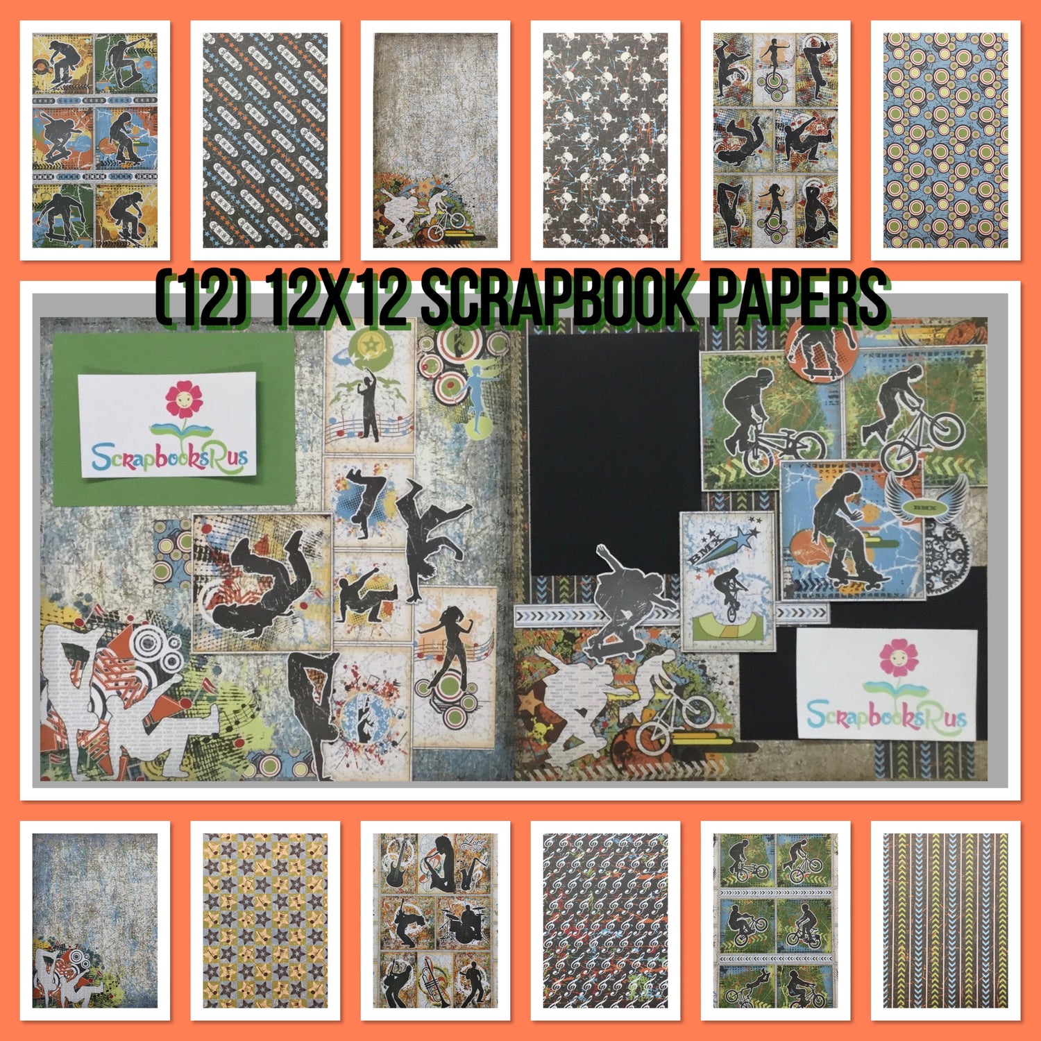 Feature Art TEENAGERS SKATEBOARDING BMX BIKES 12x12 Scrapbook Paper Kyandyland.com