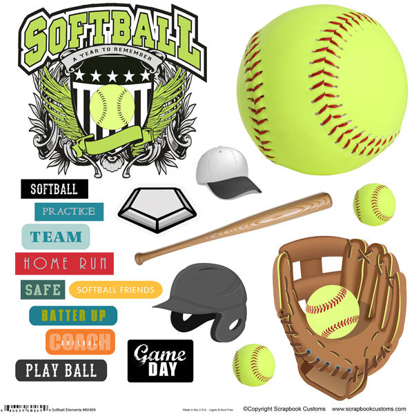 Scrapbook Customs SOFTBALL ELEMENTS Sticker Cut Outs 12&quot;X12&quot;