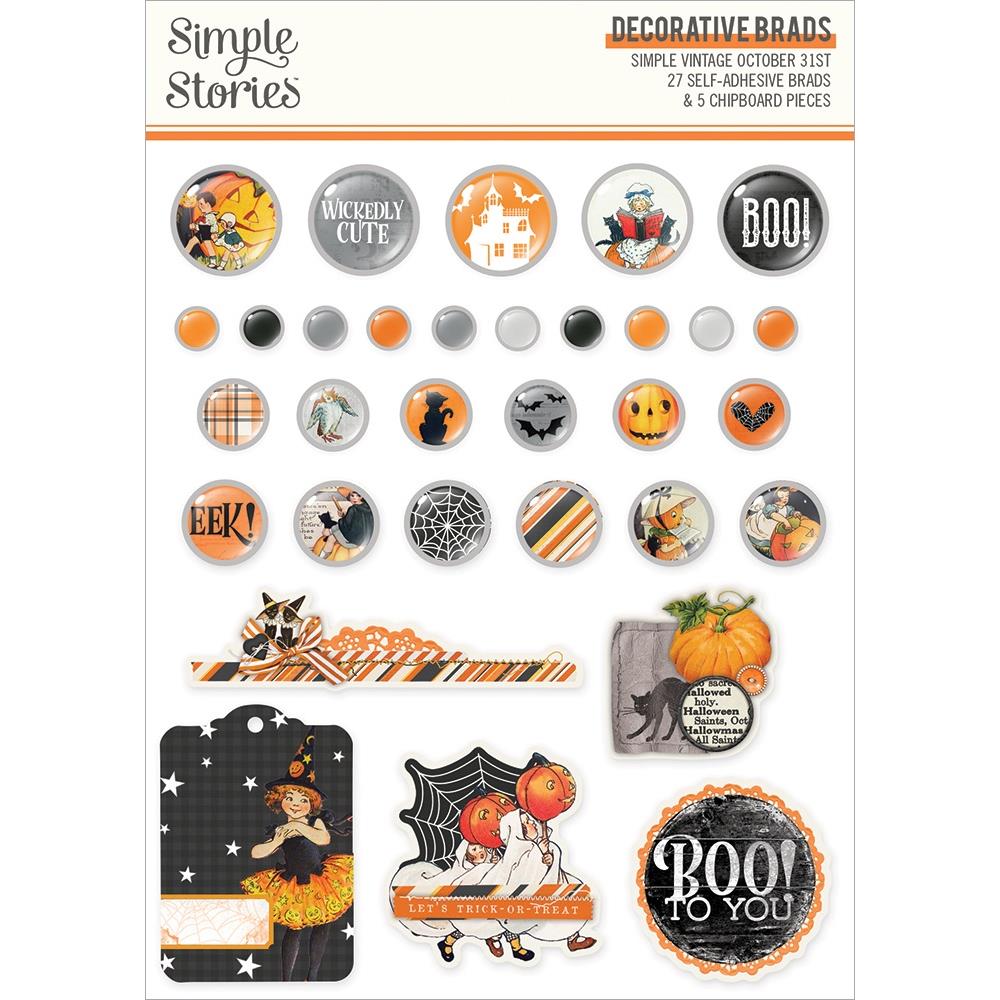 Simple Stories SIMPLE VINTAGE OCTOBER 31st Decorative Brads & Chipboard Pieces 32pc