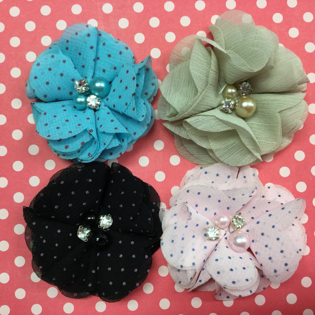 Chiffon POLKA DOT Fabric Flowers with Pearl &amp; Rhinestone Centers 4pc