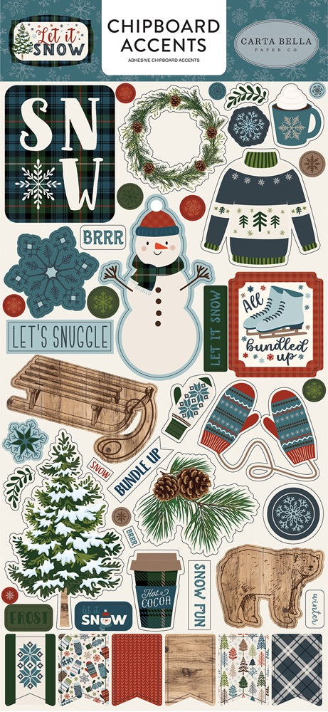 Carta Bella 6&quot;x12&quot; LET IT SNOW Chipboard Accent Sticker 46 pc Scrapbooksrus