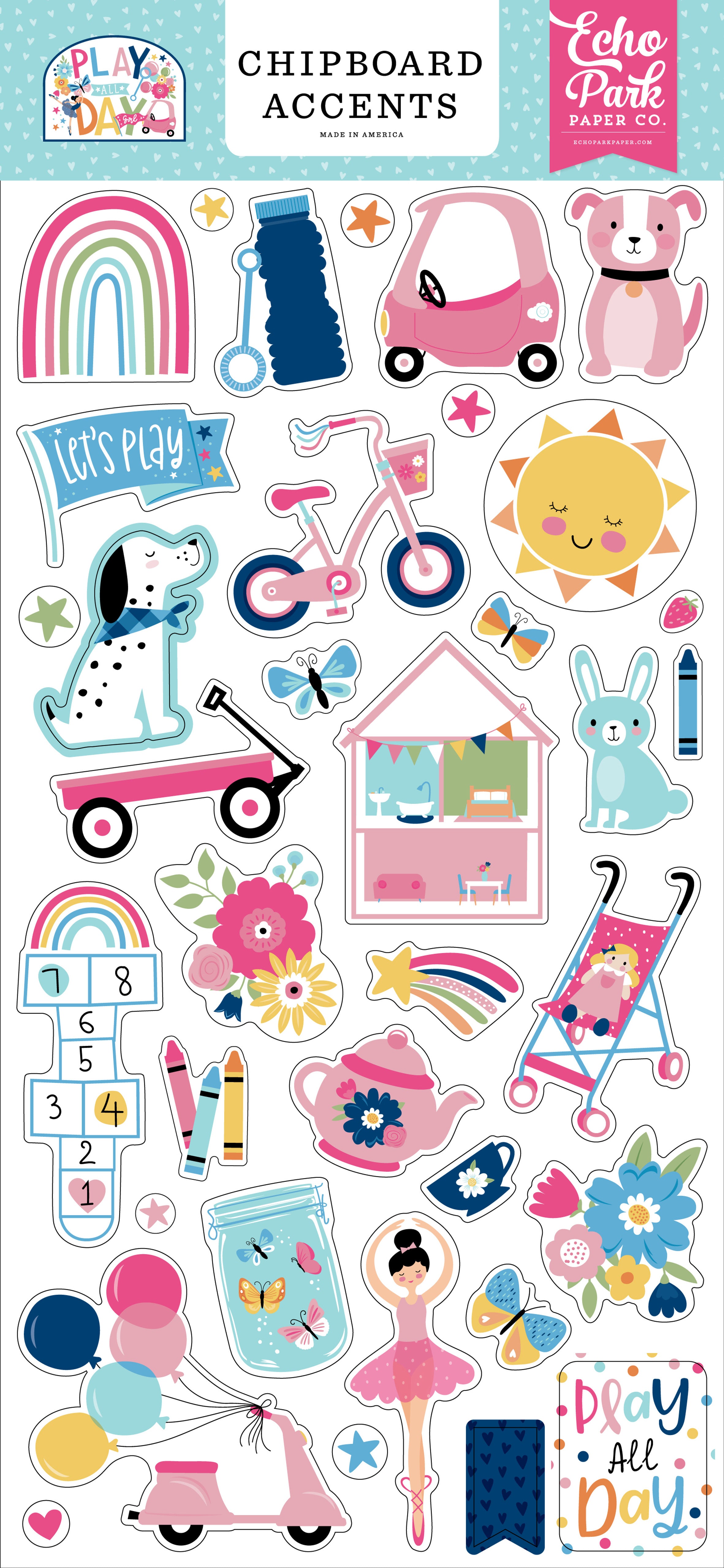 Echo Park PLAY ALL DAY GIRL Chipboard Accents Scrapbook Stickers Scrapbooksrus