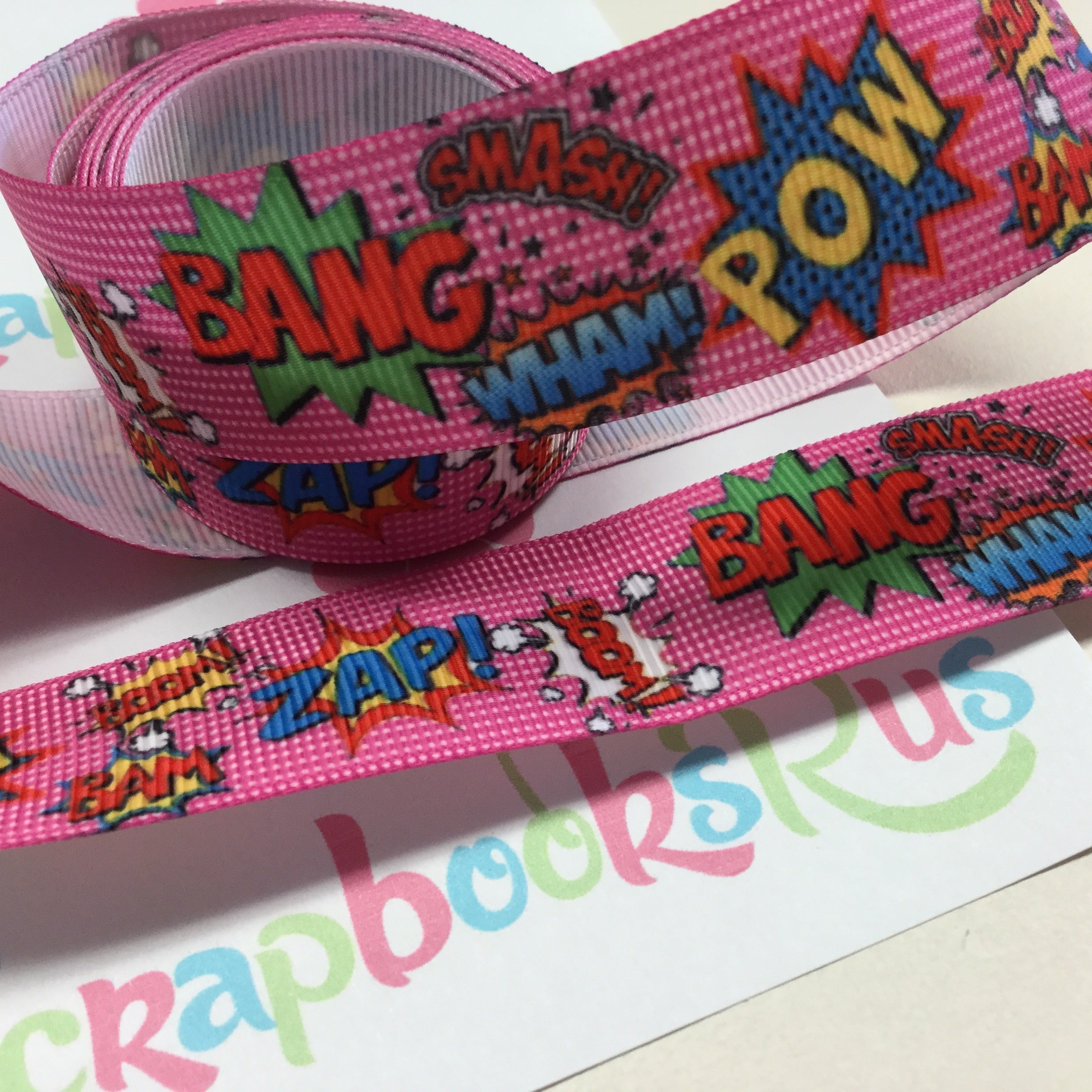 Pink Comic Book Superhero Grosgrain Ribbon 1 yard Scrapbooksrus Scrapbook Store